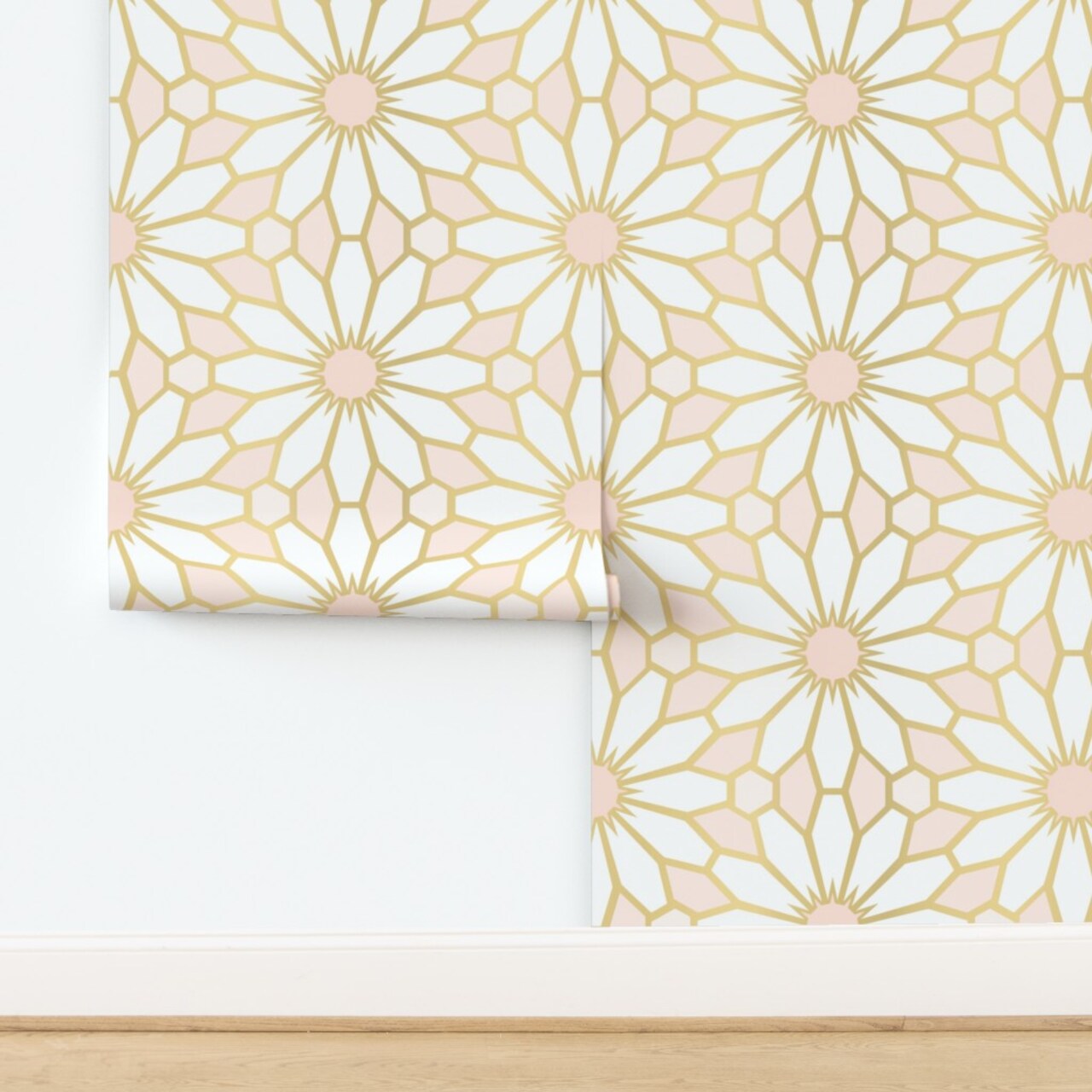 Geometric Floral Mosaic Flowers Pastel Glam Large Scale Peach Gold Daisy Blush Art Deco Custom Removable Wallpaper by Spoonflower Peel & Stick Wallpaper 2FT Wide
